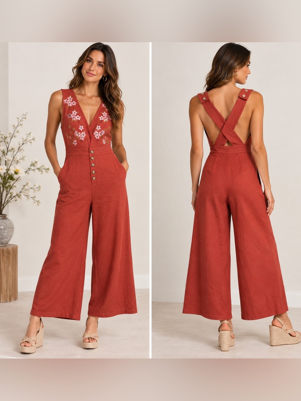 Mystree Rust Floral Embroidered Wide Leg Jumpsuit Size L NWT Boho